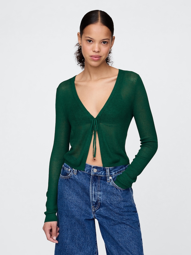 Sheer Rib Tie-Front Crop Cardigan Sweater