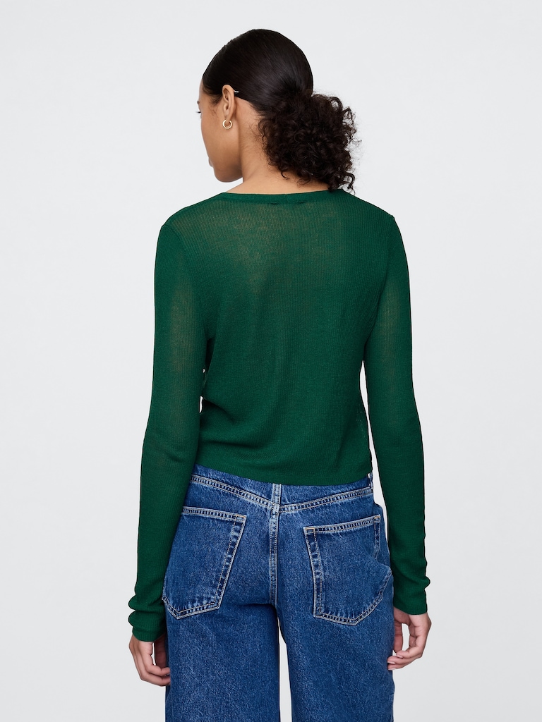 Sheer Rib Tie-Front Crop Cardigan Sweater