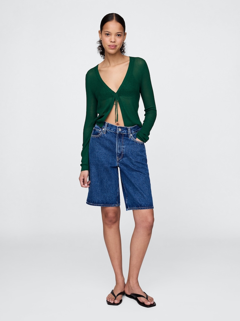 Sheer Rib Tie-Front Crop Cardigan Sweater