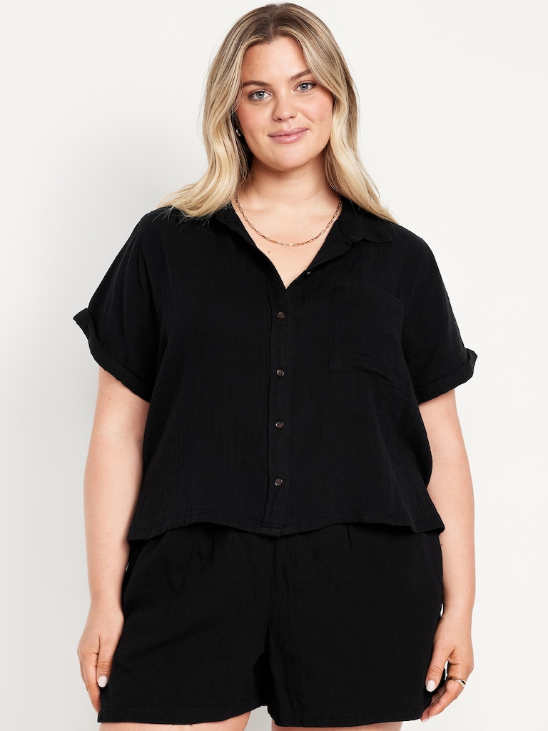 Crinkle Gauze Button-Down Shirt