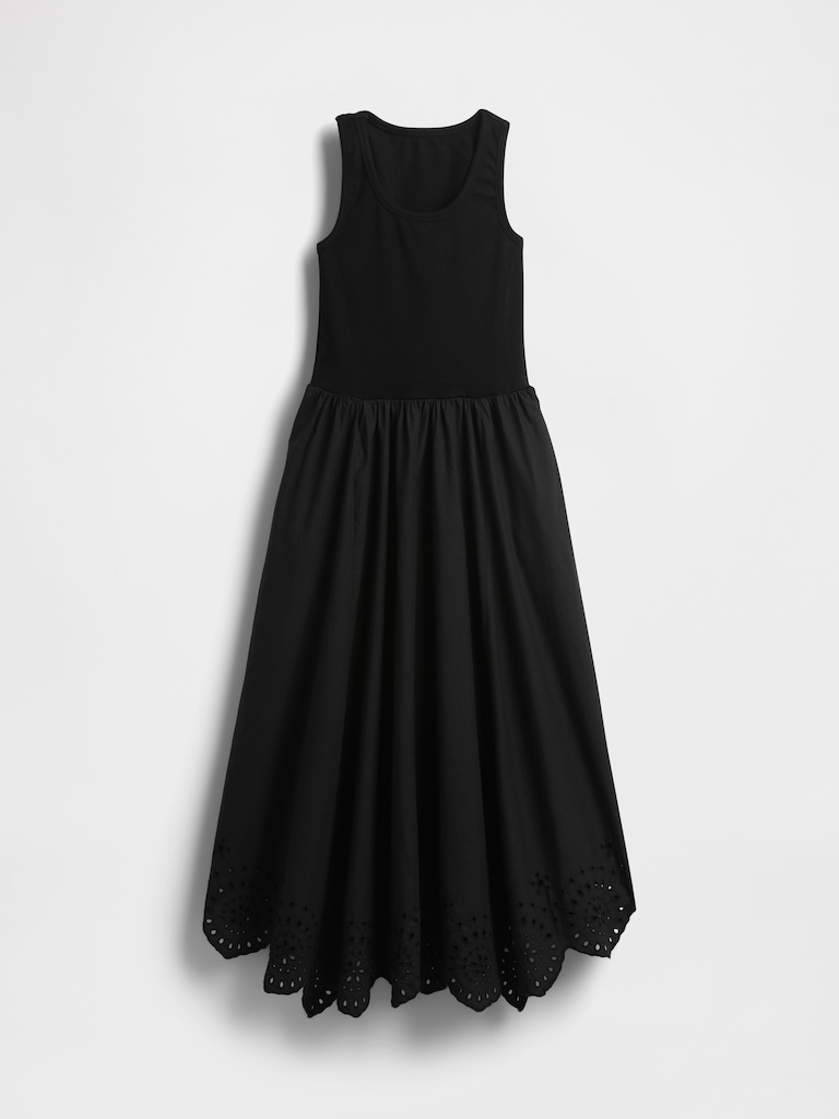 Mixed Media Handkerchief Hem Midi Dress
