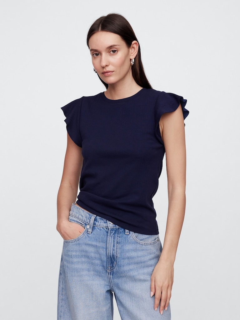 Ribbed Flutter Sleeve T-Shirt