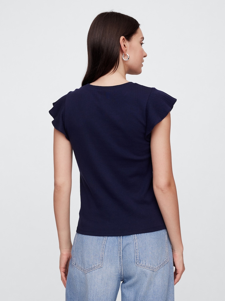 Ribbed Flutter Sleeve T-Shirt