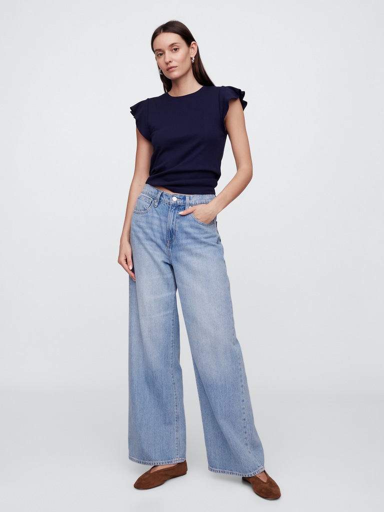 Ribbed Flutter Sleeve T-Shirt