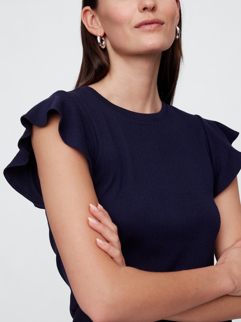 Ribbed Flutter Sleeve T-Shirt