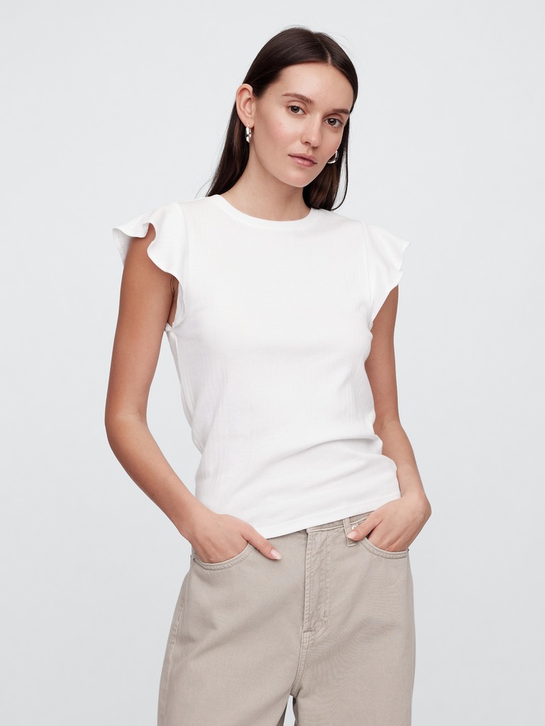 Ribbed Flutter Sleeve T-Shirt