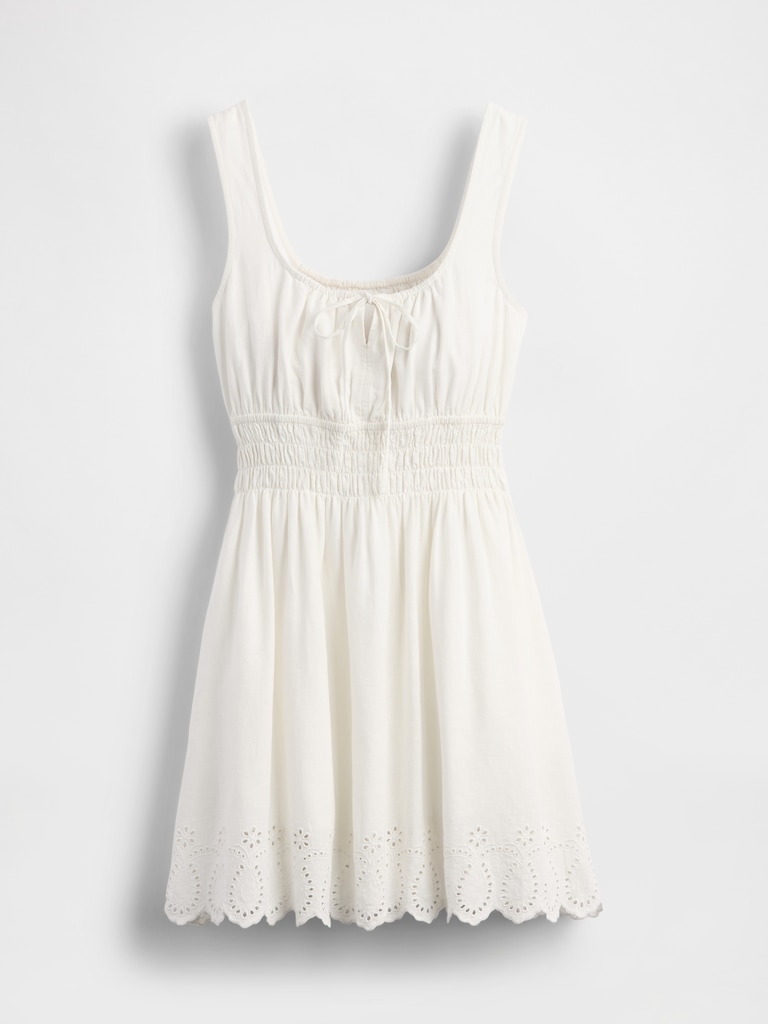 Linen-Blend Smocked Mini Dress