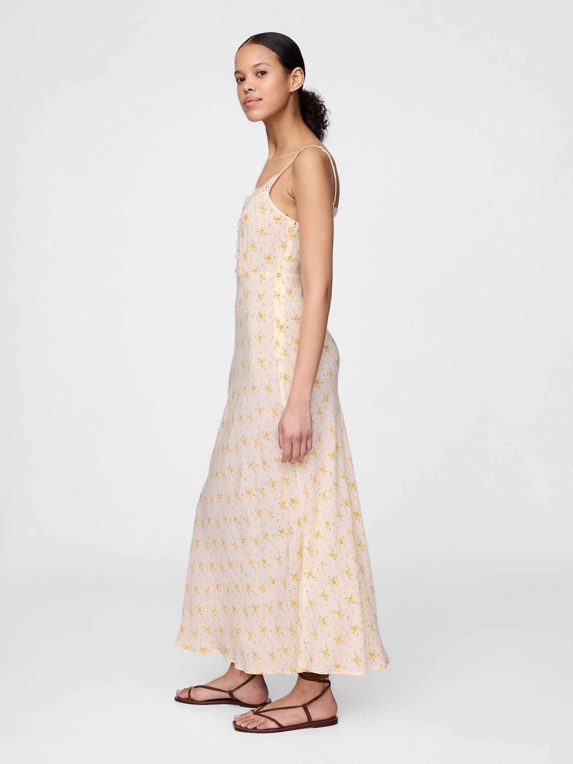 Crepe Lace-Trim Sweetheart Maxi Dress