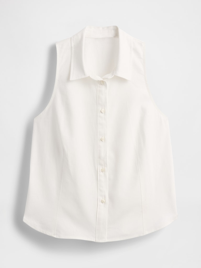 Linen-Blend Sleeveless Button-Front Shirt