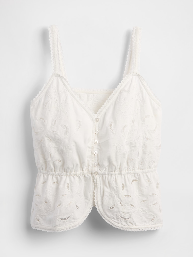 Linen-Blend Eyelet Peplum Top