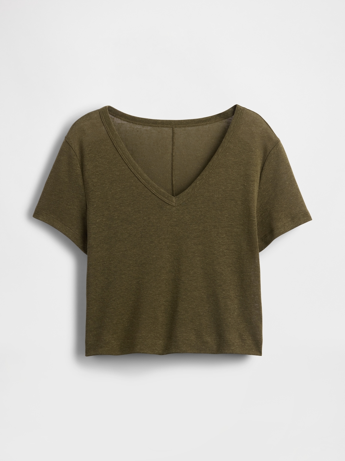Linen-Blend V-Neck Crop T-Shirt