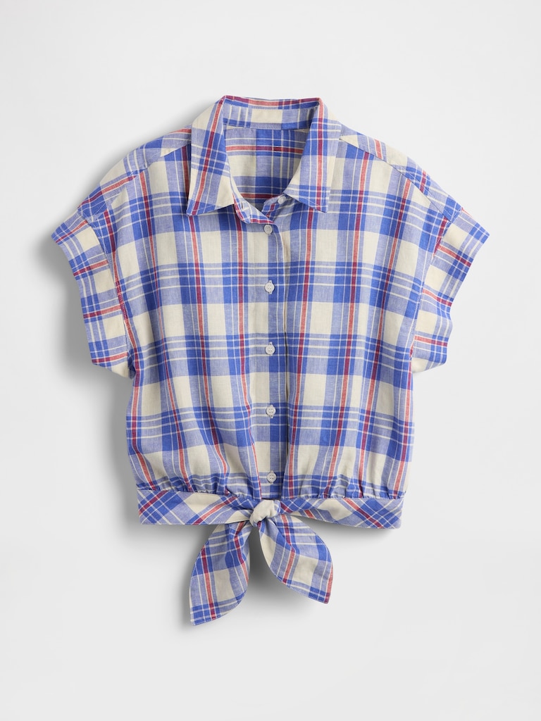 Linen-Blend Tie-Front Crop Shirt
