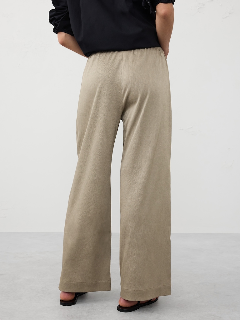 Wide-Leg Crinkled Satin Pull-On Pant