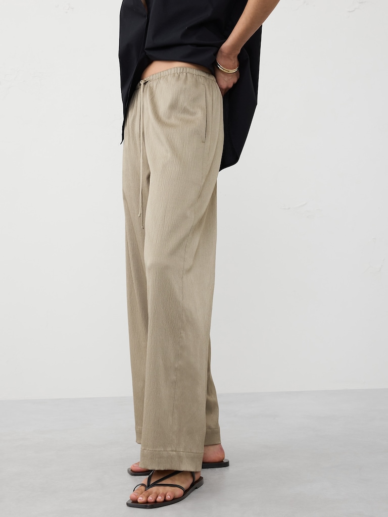 Wide-Leg Crinkled Satin Pull-On Pant