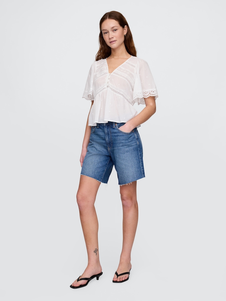 Lace-Trim Flutter-Sleeve Top