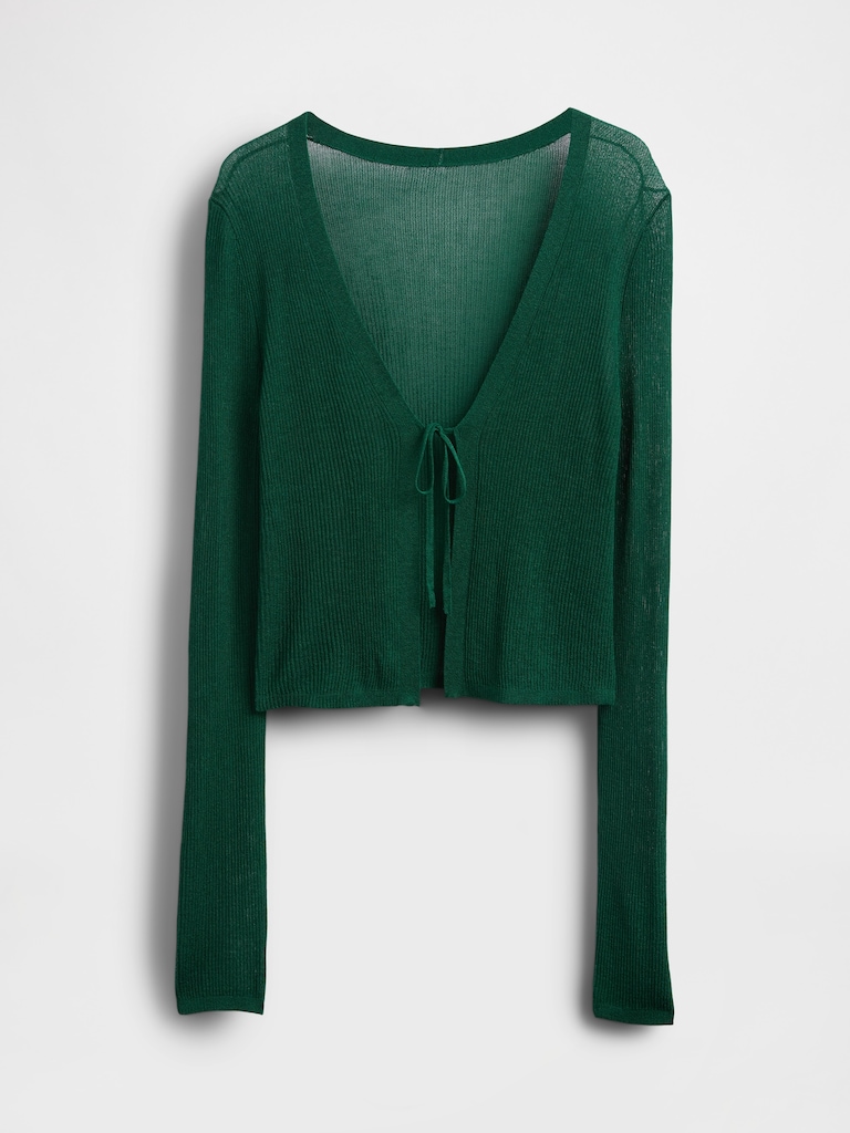 Sheer Rib Tie-Front Crop Cardigan Sweater