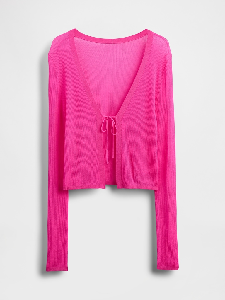 Sheer Rib Tie-Front Crop Cardigan Sweater