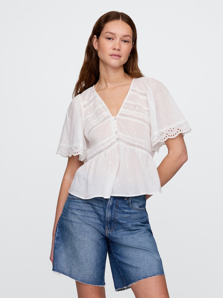 Lace-Trim Flutter-Sleeve Top