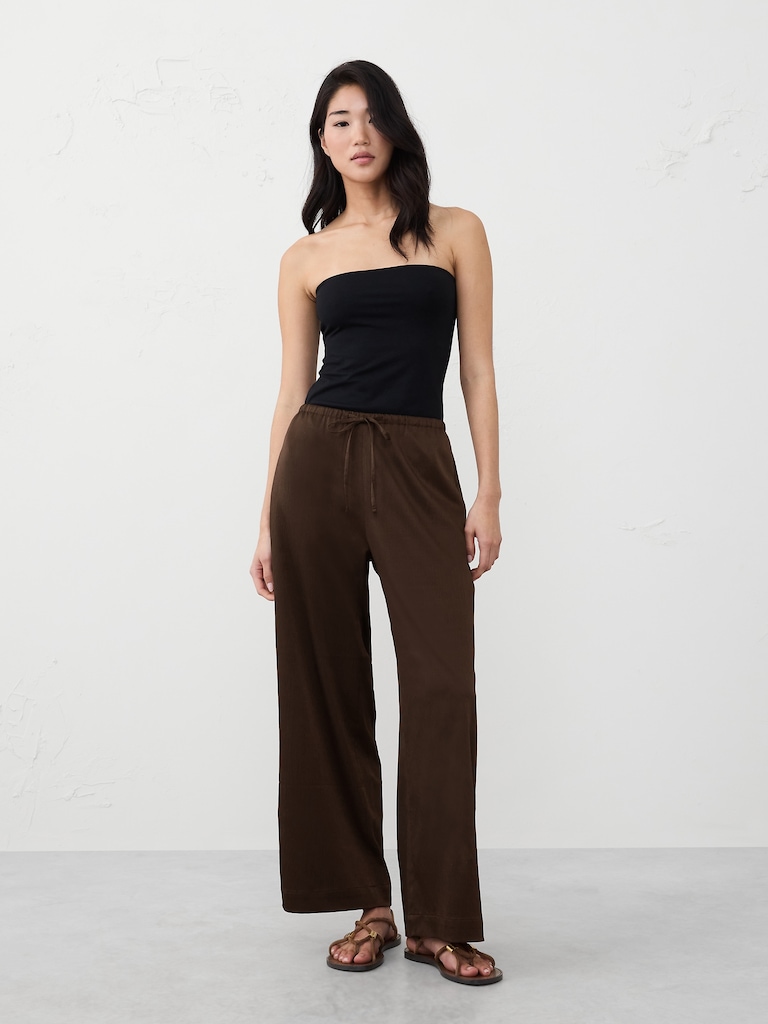 Wide-Leg Crinkled Satin Pull-On Pant