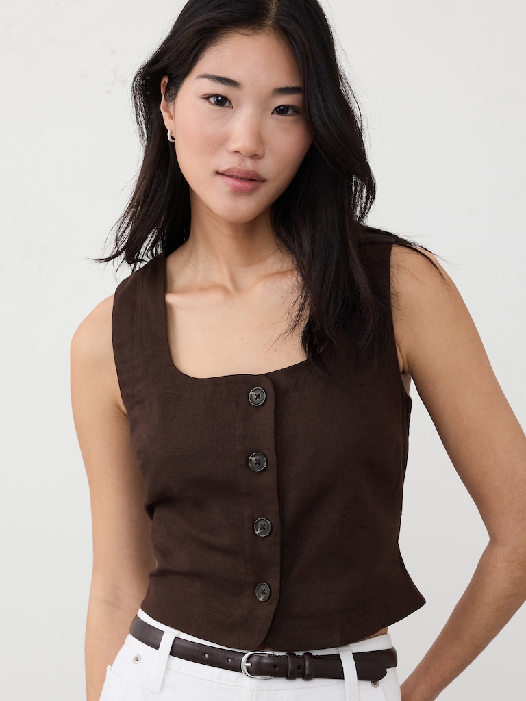 Linen-Blend Buttoned Top