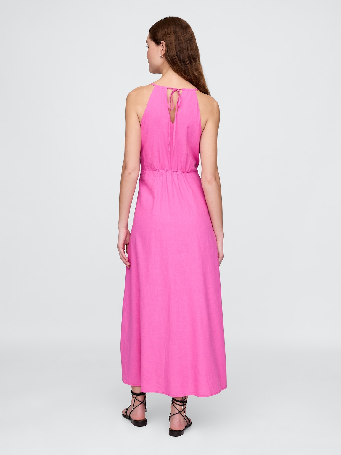 Linen-Blend Embroidered Halter Maxi Dress