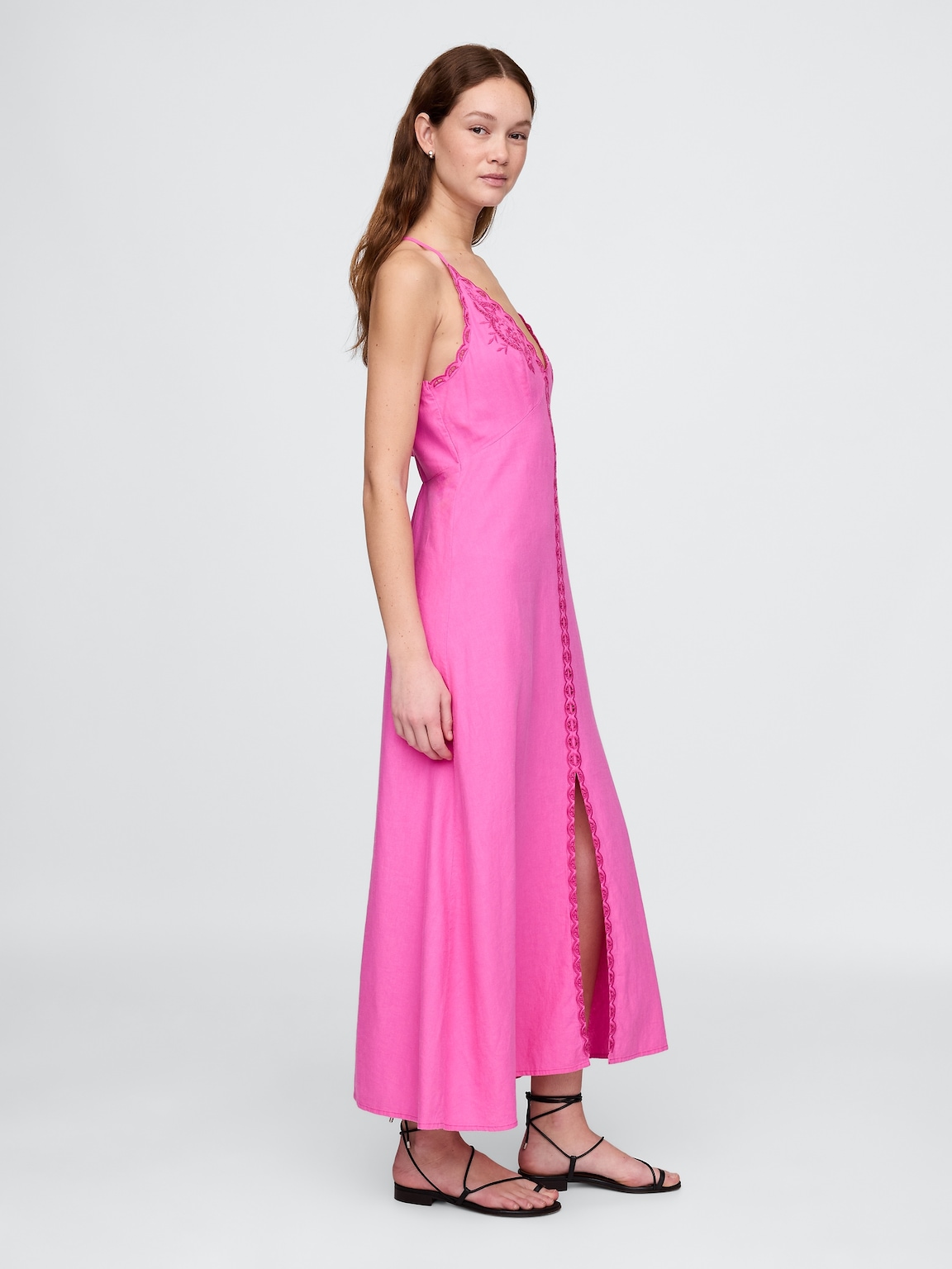 Linen-Blend Embroidered Halter Maxi Dress