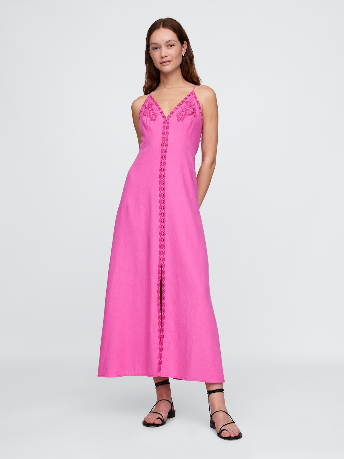 Linen-Blend Embroidered Halter Maxi Dress