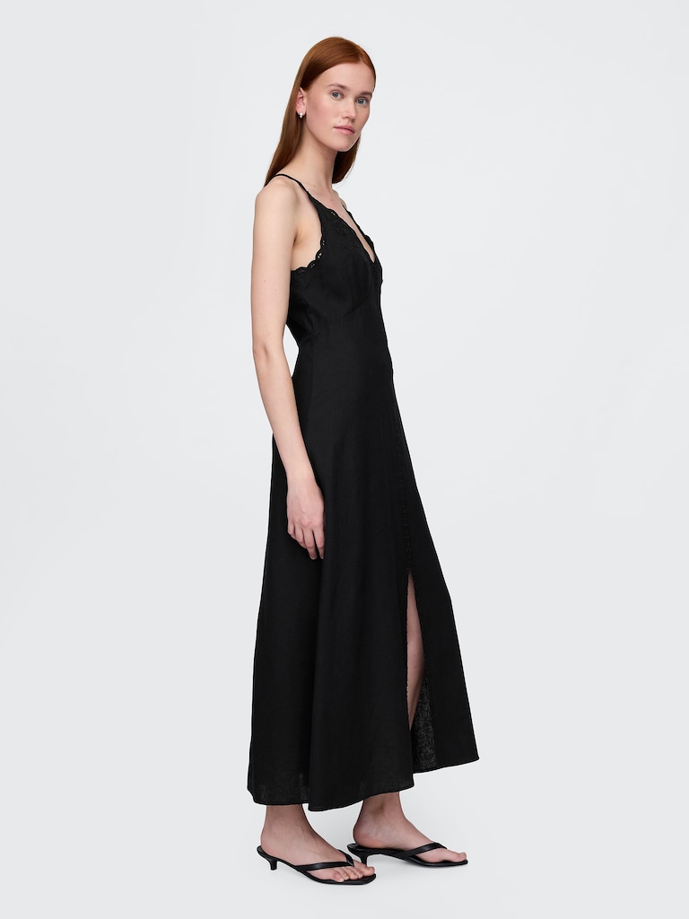 Linen-Blend Embroidered Halter Maxi Dress