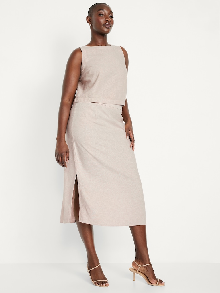 Mid-Rise Linen-Blend Midi Skirt