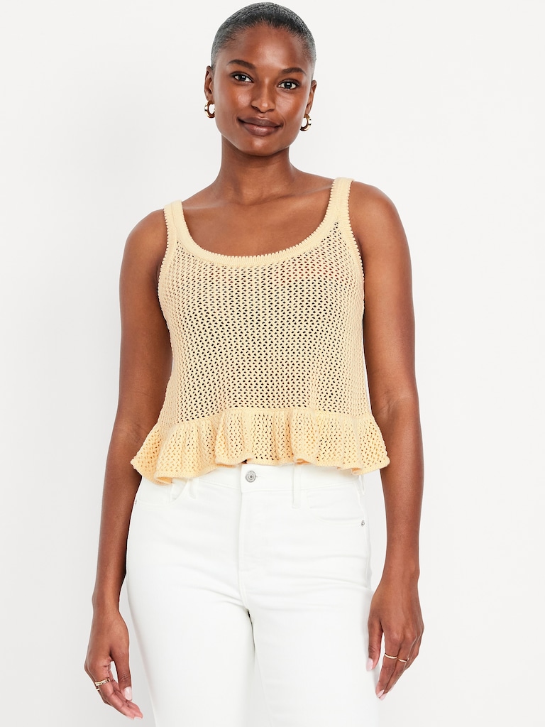 Sleeveless Open-Stitch Peplum Sweater