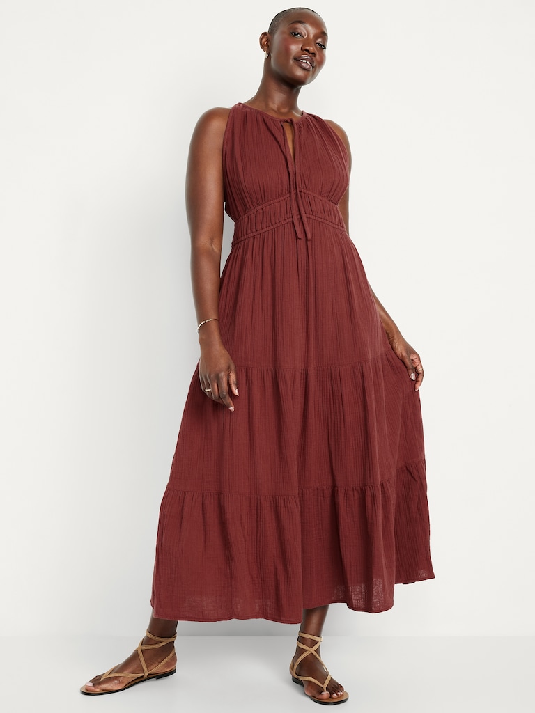 Fit & Flare Crinkle Gauze Maxi Dress