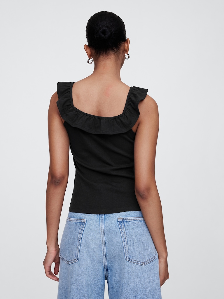 Ribbed Squareneck Ruffle Top