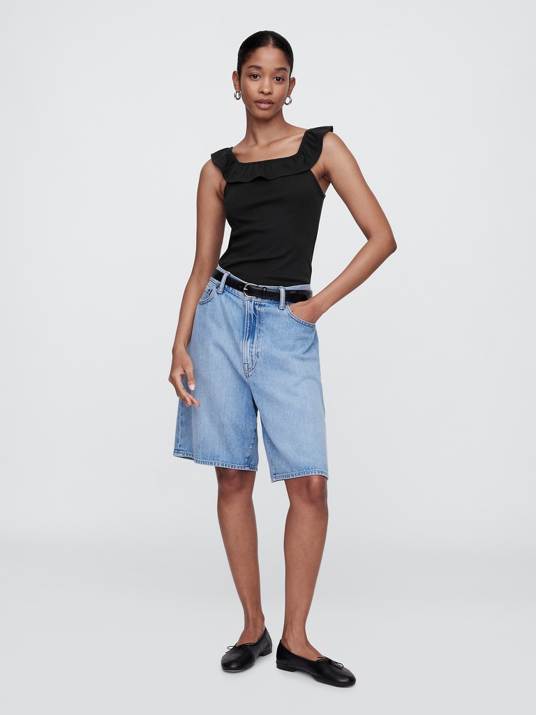 Ribbed Squareneck Ruffle Top