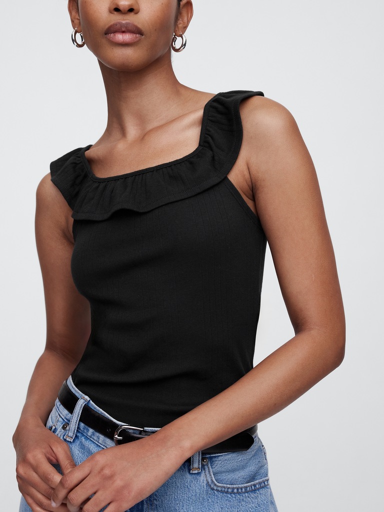 Ribbed Squareneck Ruffle Top