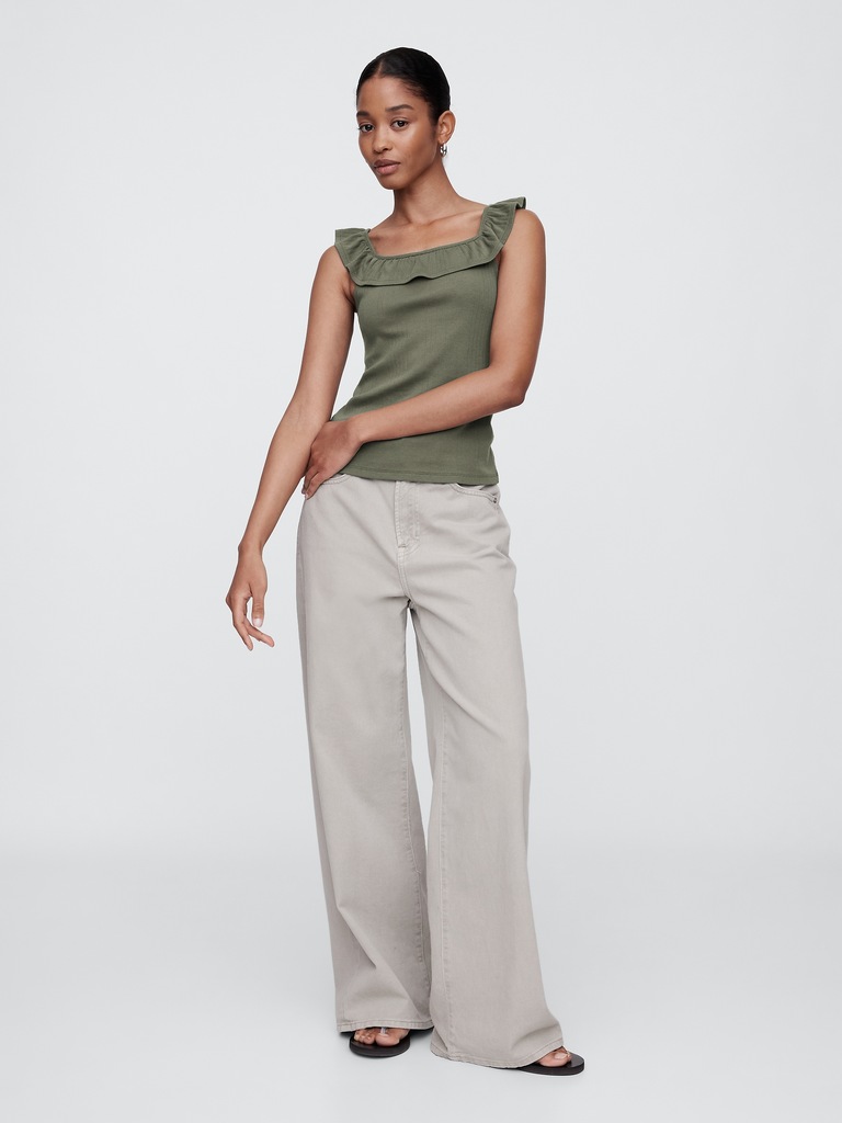 Ribbed Squareneck Ruffle Top