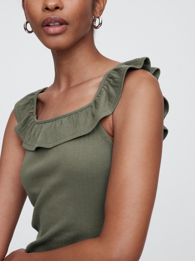 Ribbed Squareneck Ruffle Top