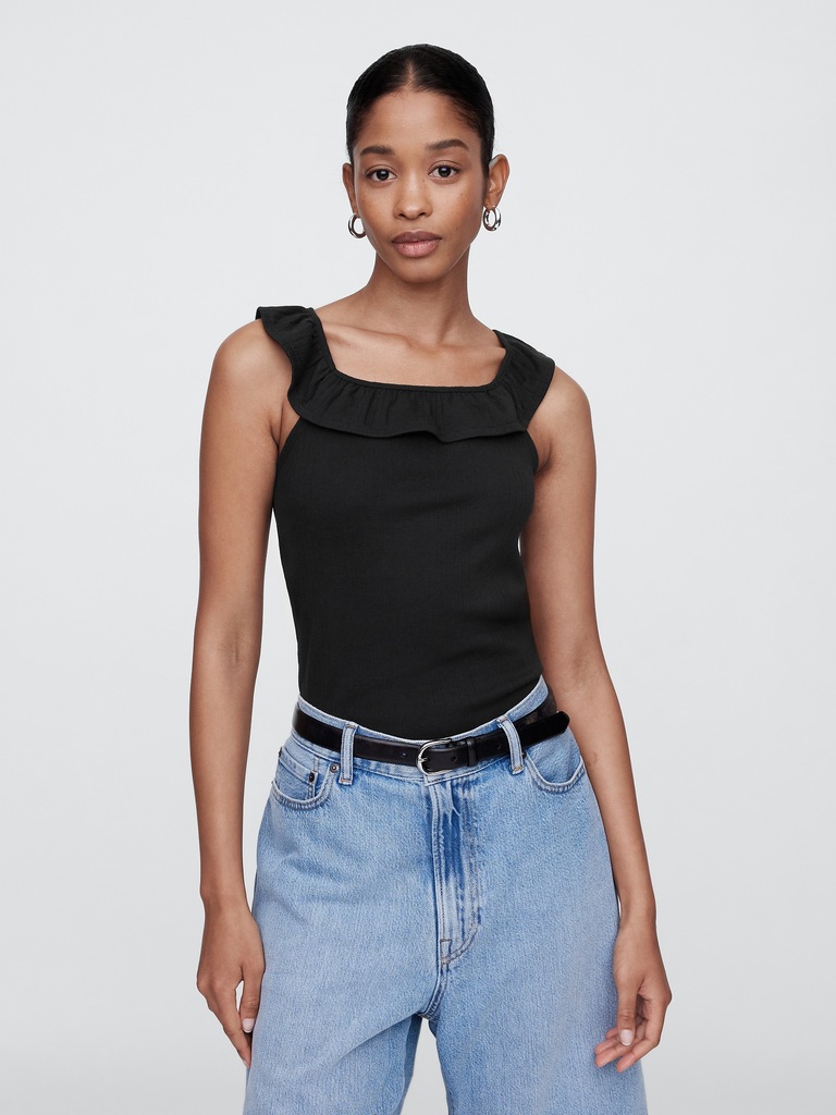 Ribbed Squareneck Ruffle Top