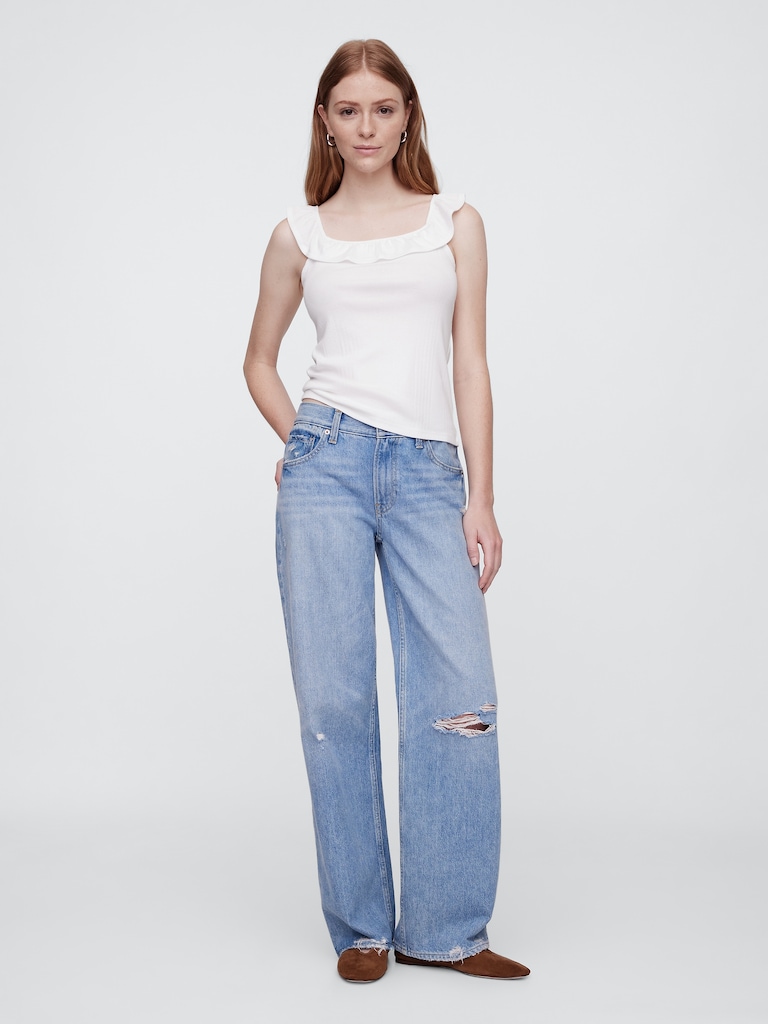 Ribbed Squareneck Ruffle Top