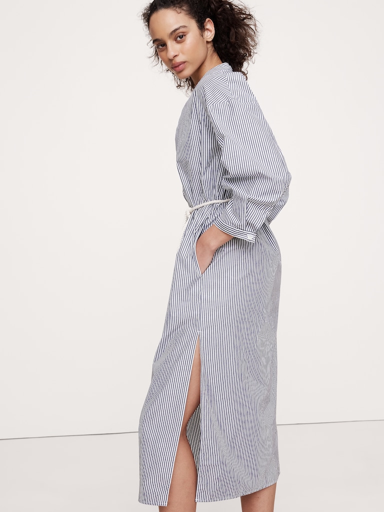 Cotton Poplin Split-Neck Shirt Dress