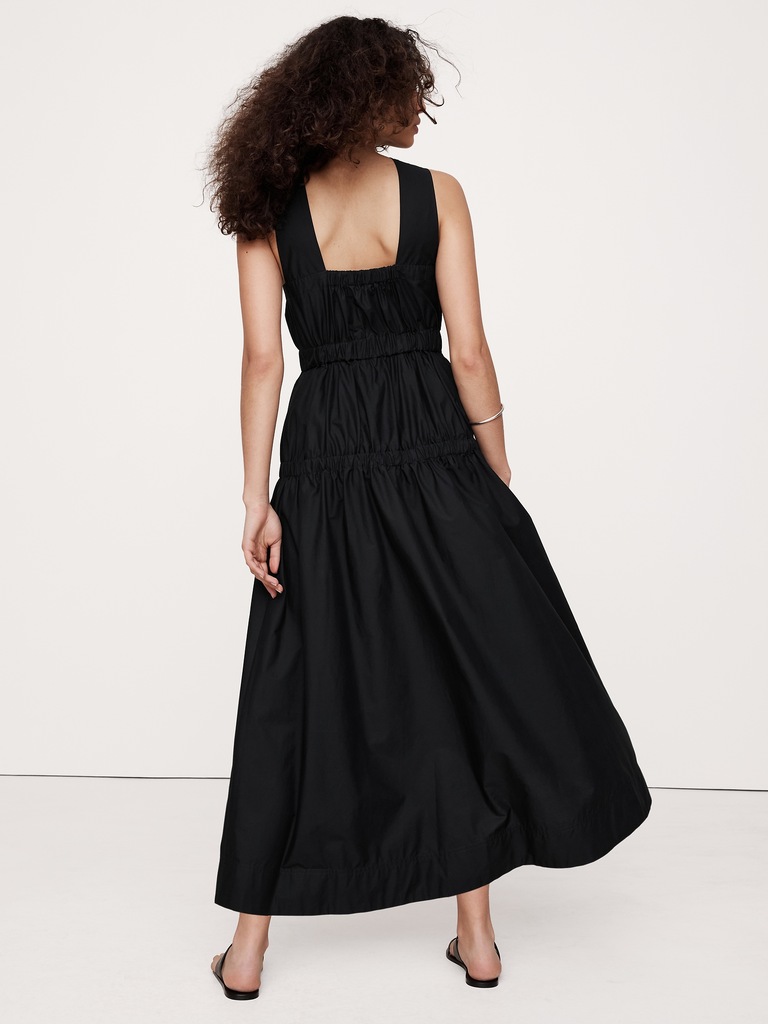 Cotton Poplin Ruched Drop-Waist Maxi Dress