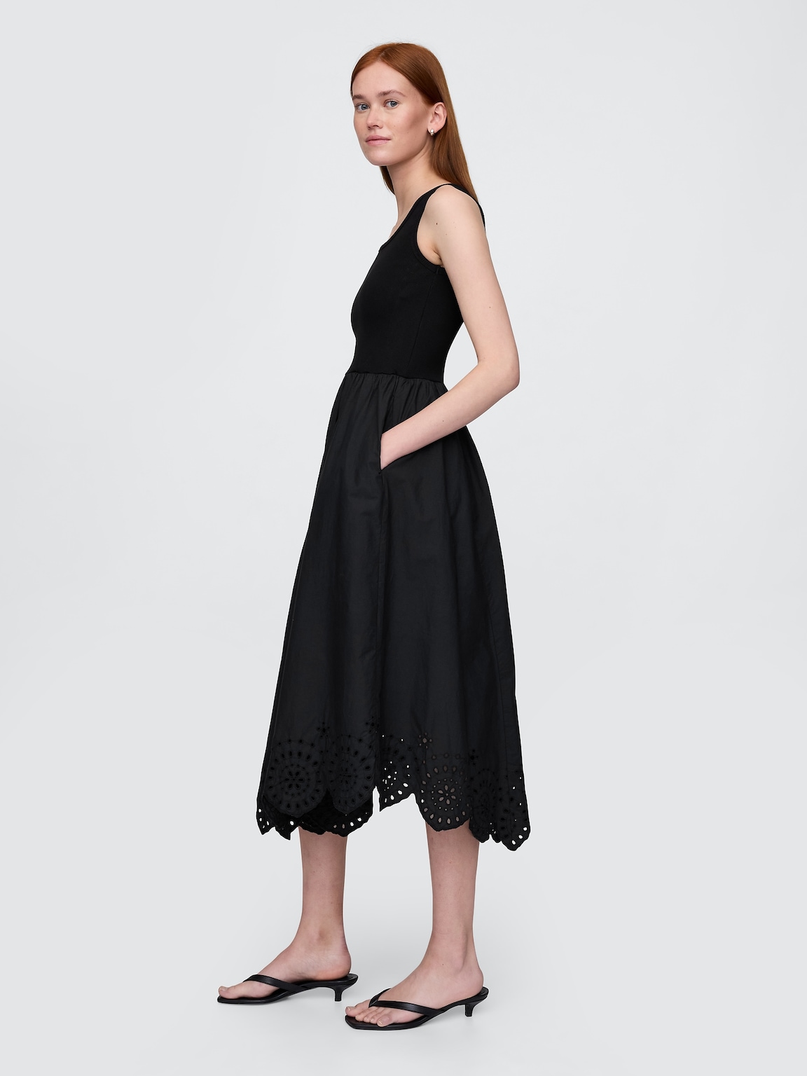 Mixed Media Handkerchief Hem Midi Dress