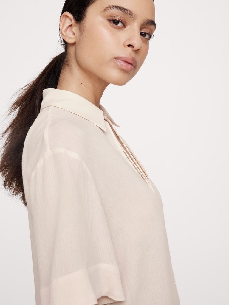 Gauze Tassel-Tie Popover Shirt