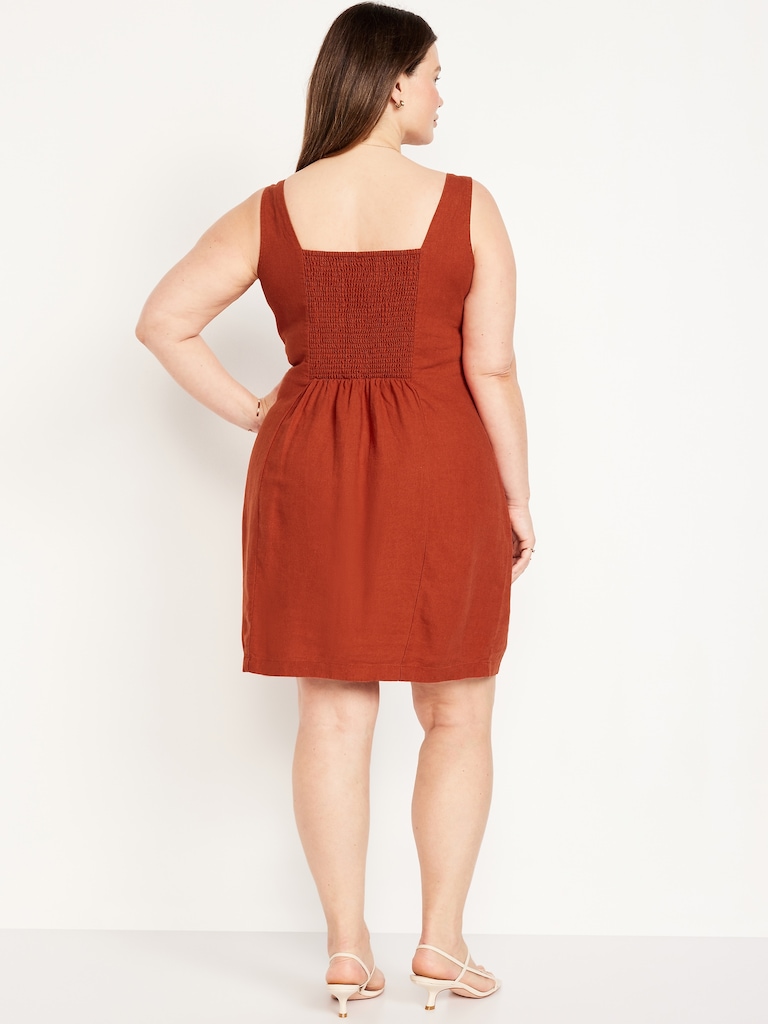 Square-Neck Linen-Blend Mini Dress