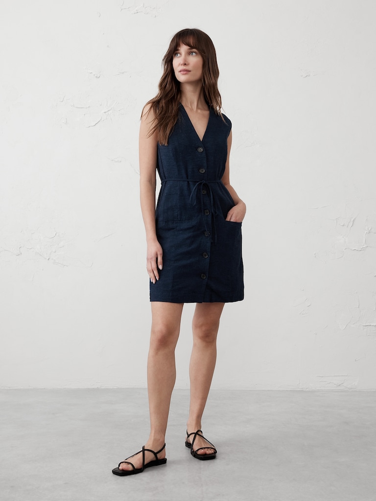 Linen-Blend Button-Front Mini Dress