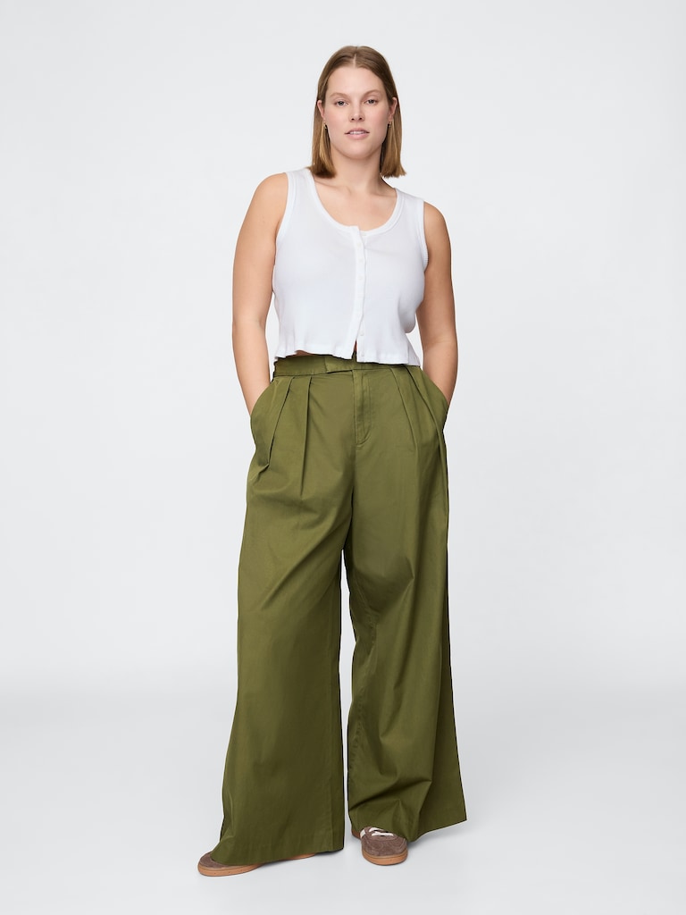 High Rise Twill Pleated Wide-Leg Khakis