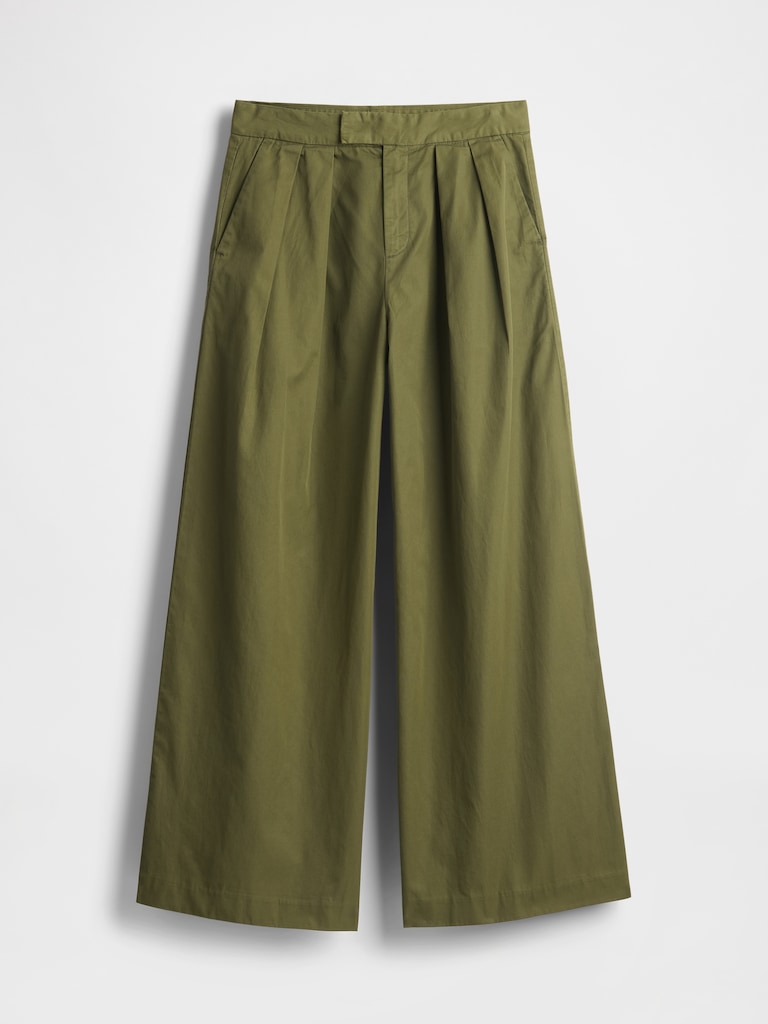 High Rise Twill Pleated Wide-Leg Khakis