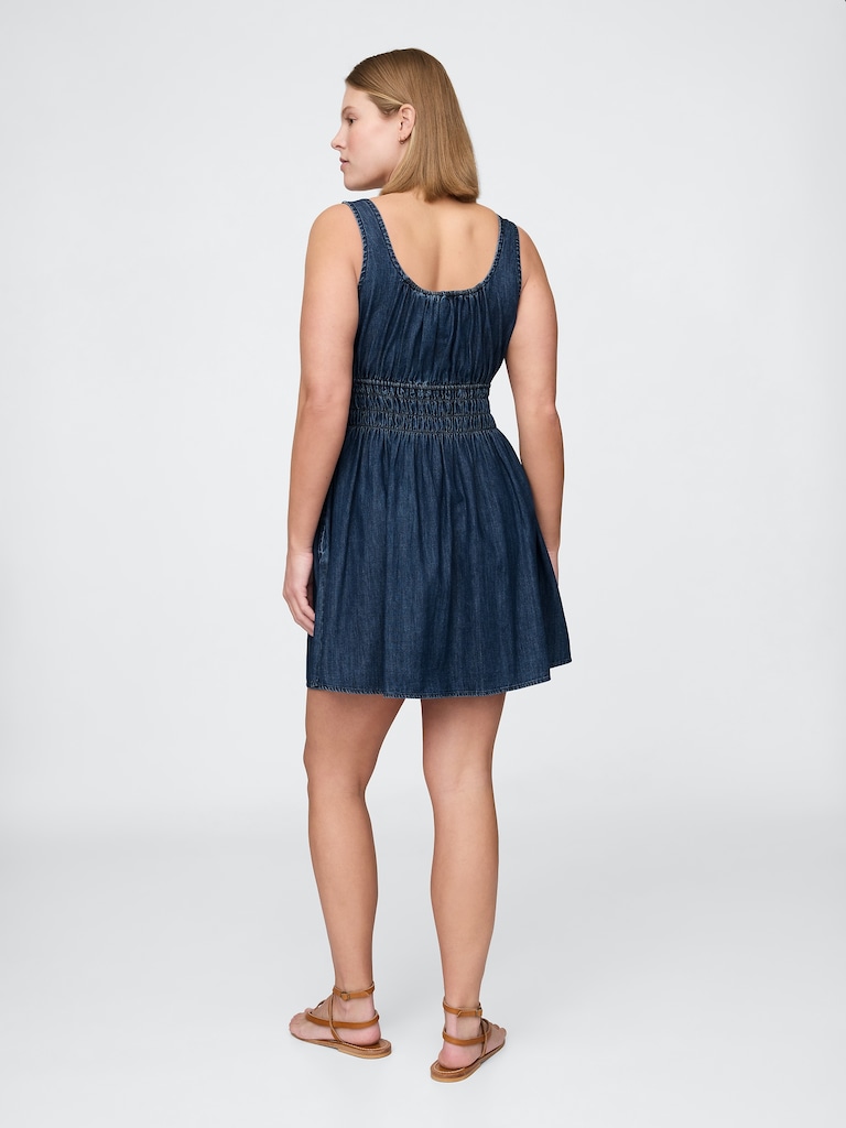 Denim Tie-Front Smocked Waist Mini Dress