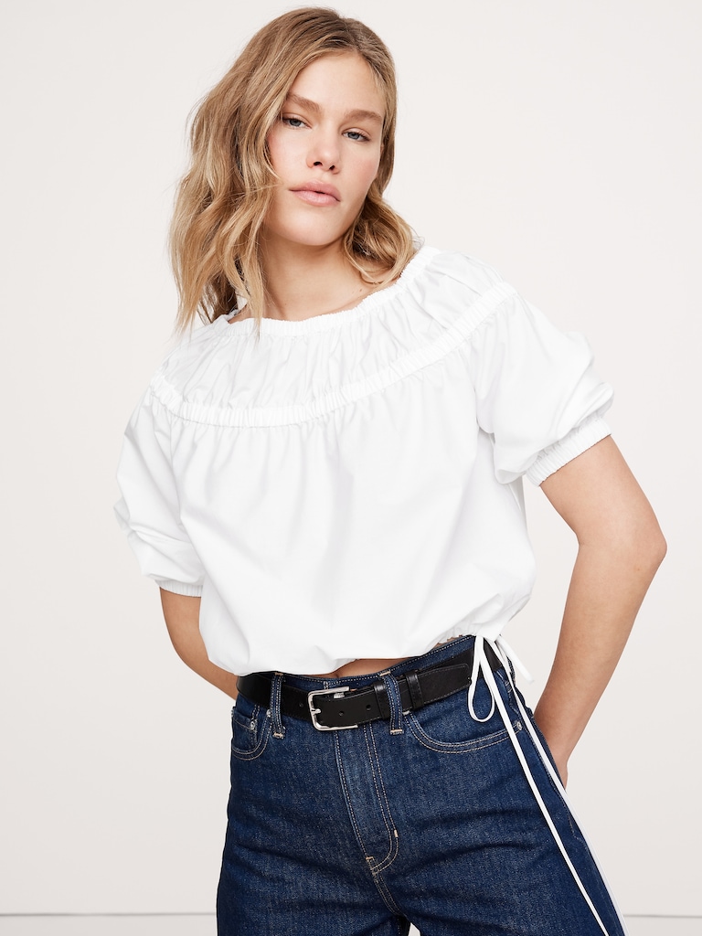 Haut ruché en popeline à ourlet ballon