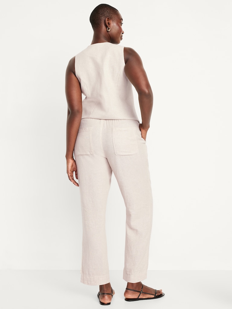 High-Waisted Linen-Blend Straight Ankle Pants