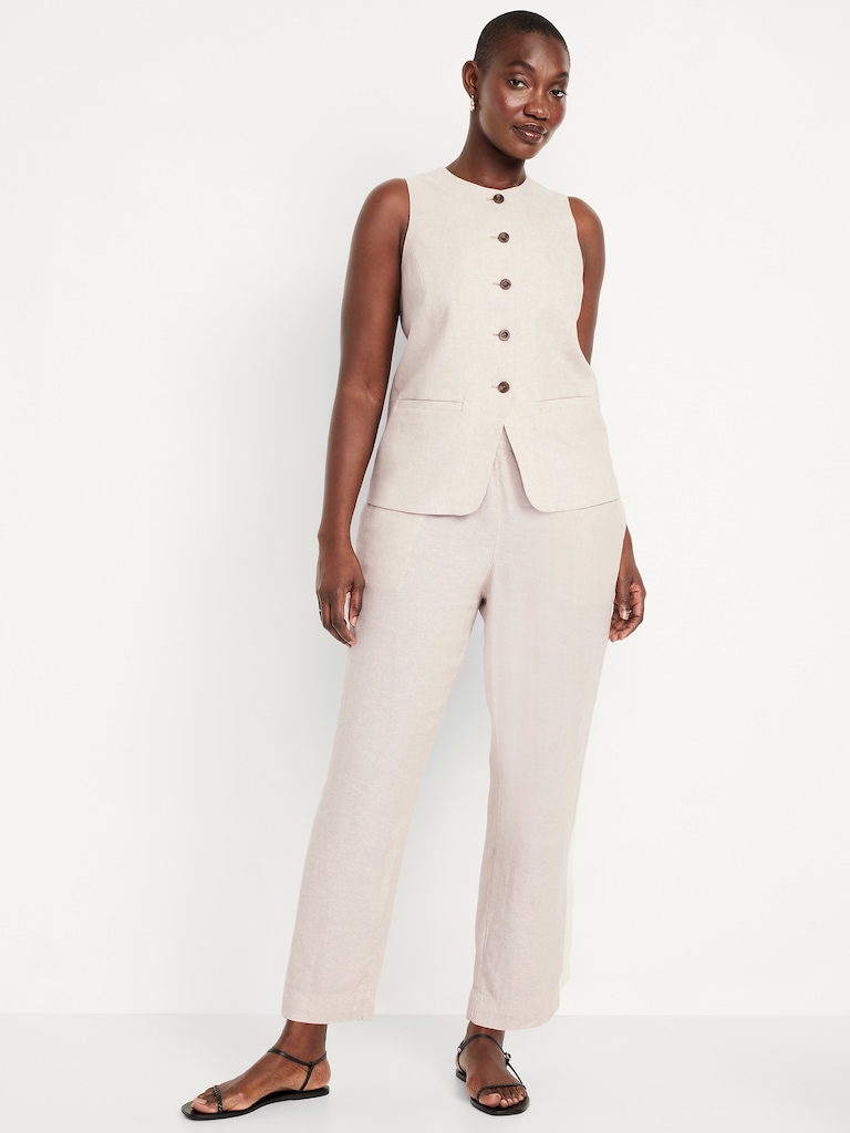 High-Waisted Linen-Blend Straight Ankle Pants